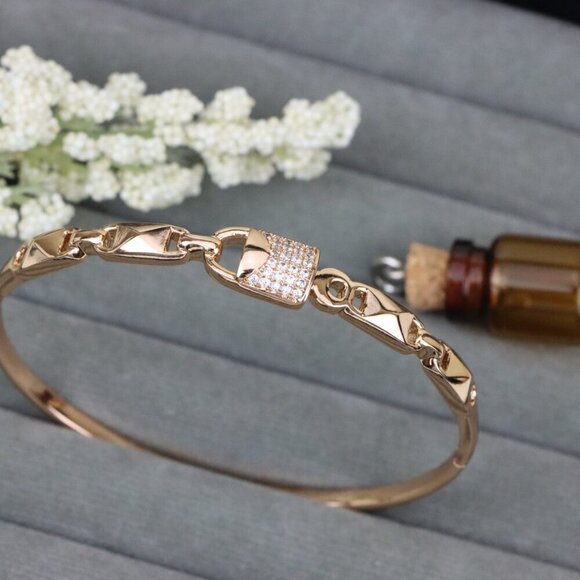 Elegant Rose Gold Bangle with Textured Links and Diamond Accents, XPBL0457 - Picture 12 of 12